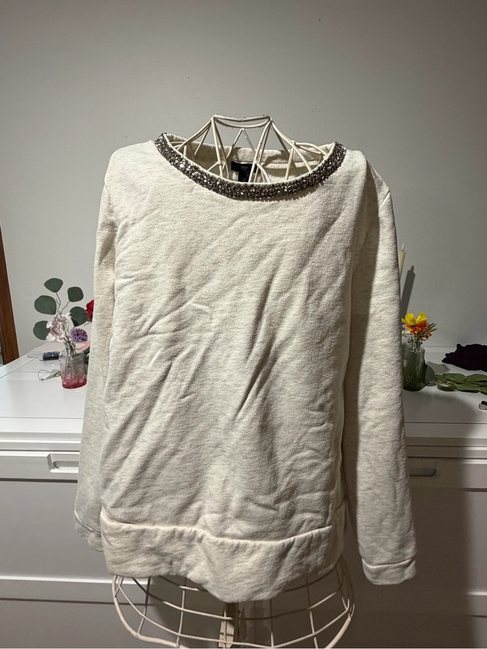 GAP Cream Sweatshirt with Embellished Neckline